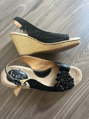 b.o.c. Black Wedge Slingback Sandals with Floral Accent